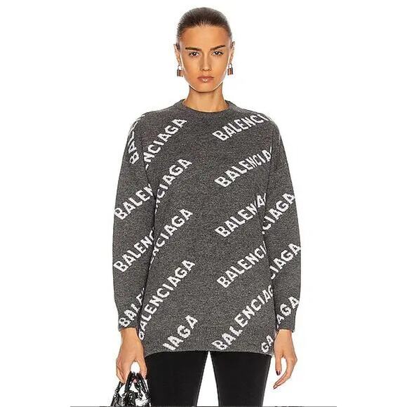 Balenciaga Dark Gray Long Sleeve White Logo'd Crew Neck Sweater L - Picture 2 of 15